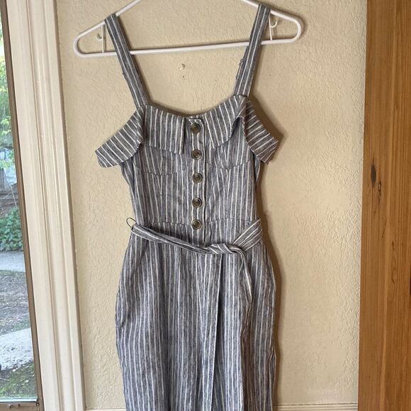 American Eagle Outfitters Sleeveless Blue & White Belted Wide Leg Romper Size 0 - Picture 3 of 15
